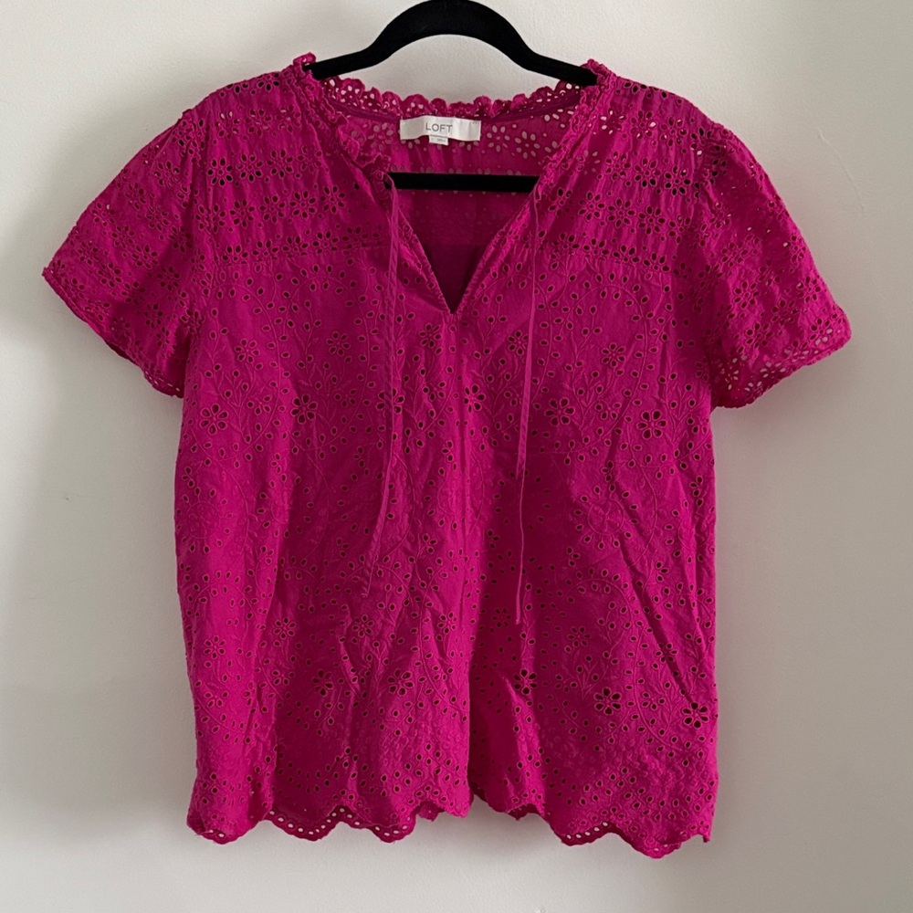 LOFT Fuchsia Eyelet Short-Sleeve Split-Neck Blouse